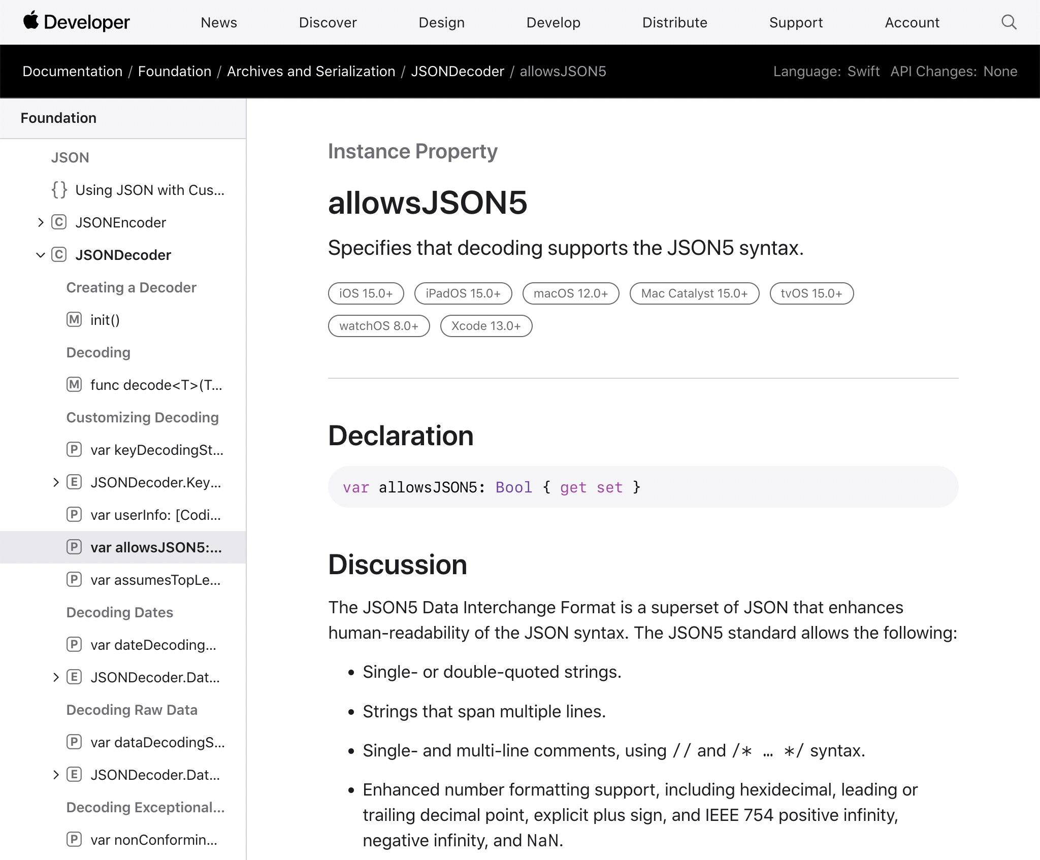 Apple Developer docs: `allowsJSON5`